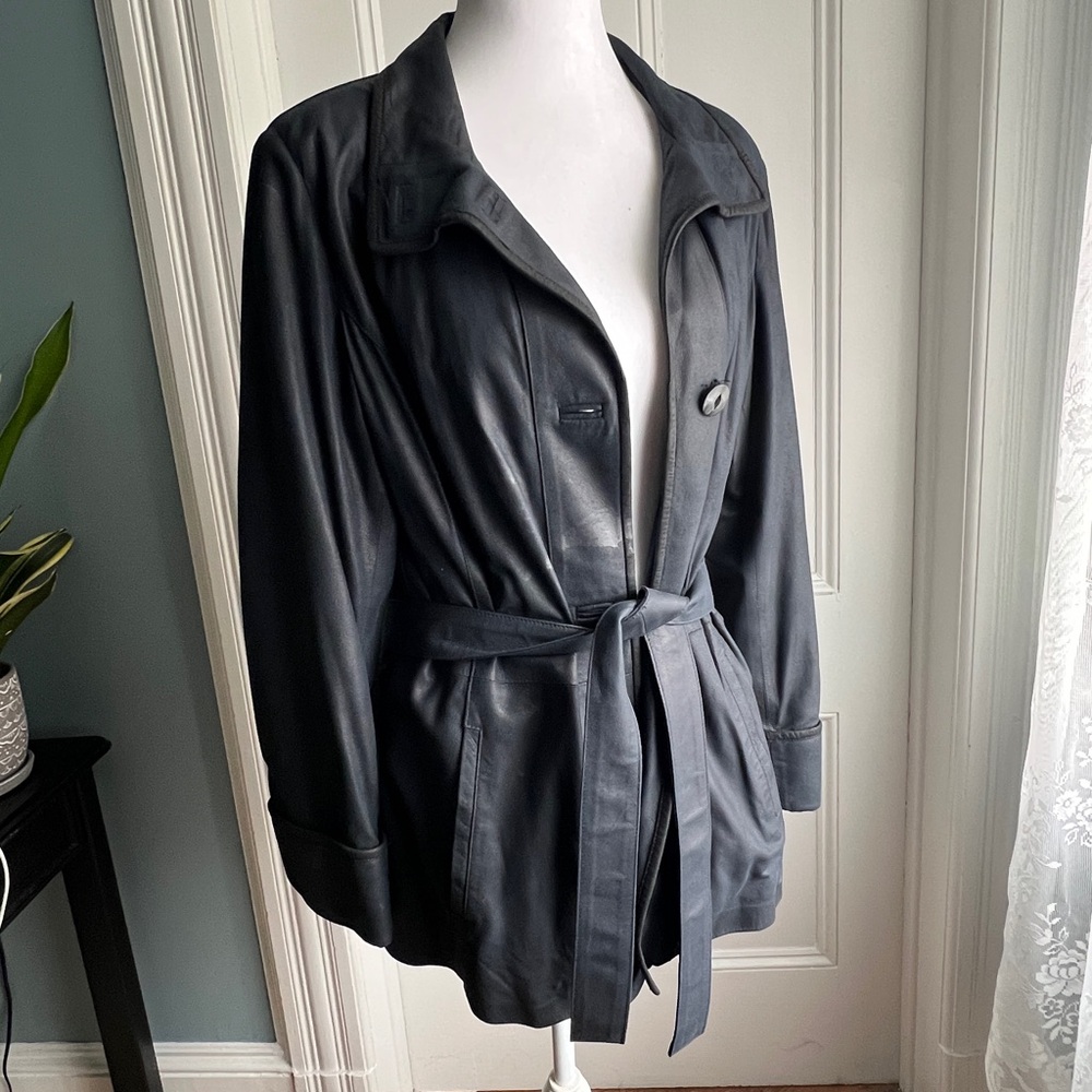 Katian Women's Navy with Black Trim Belted Leather Jacket